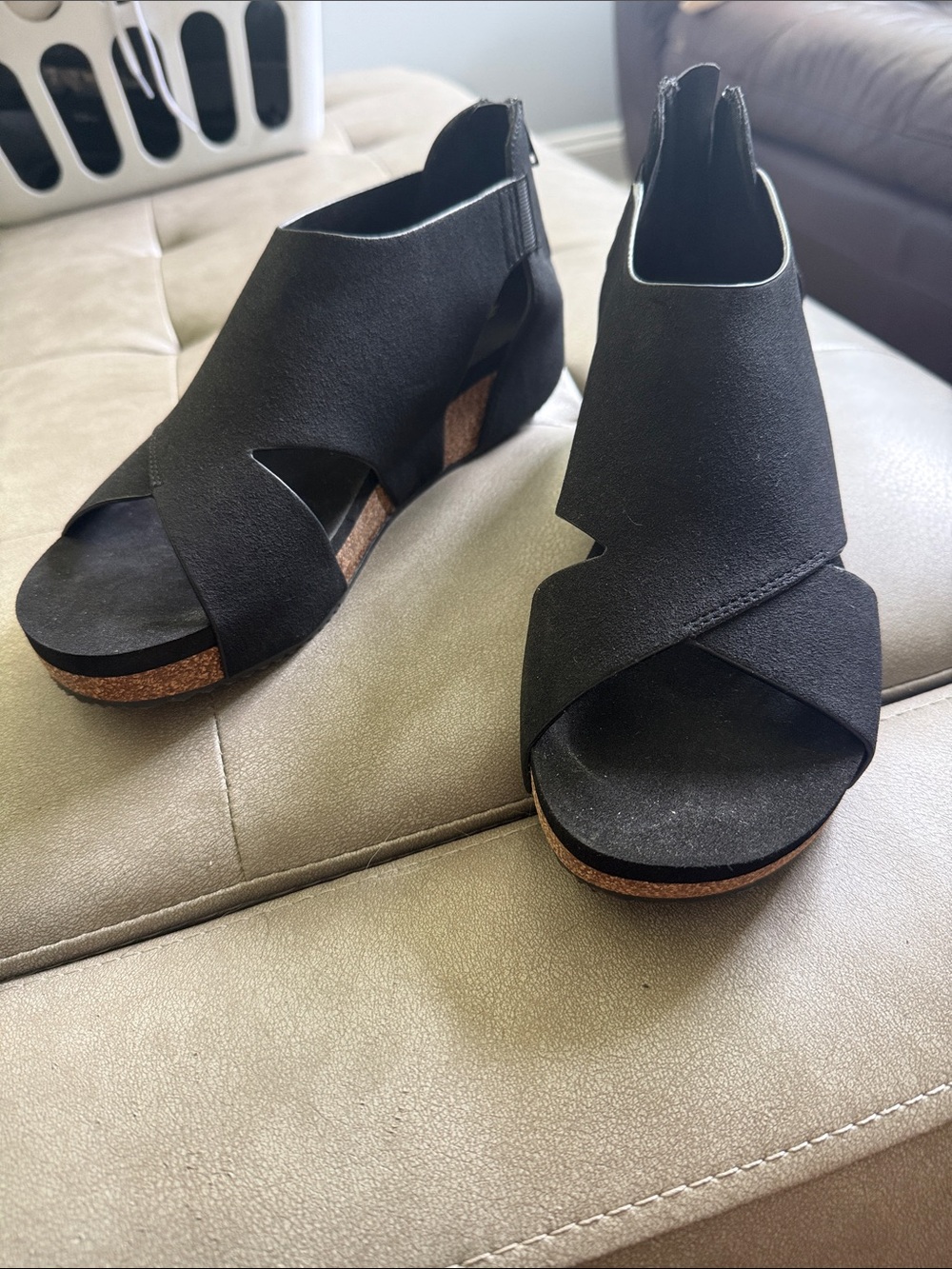 Volatile Black Cork Wedge Sandals